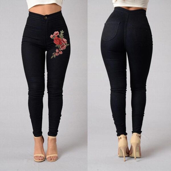 1PC moda talie înaltă Femei sexy Skinny Floral Aplica Jeans cu talie înaltă Stretch Pantaloni creion Femei Jeans - imagine 6
