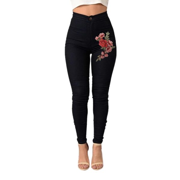 1PC moda talie înaltă Femei sexy Skinny Floral Aplica Jeans cu talie înaltă Stretch Pantaloni creion Femei Jeans