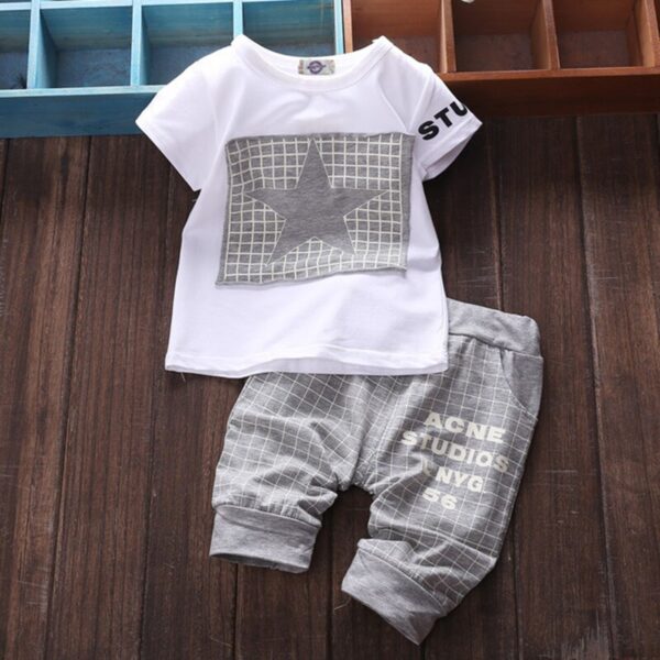 2020 Seturi de îmbrăcăminte pentru unisex de vară 2020 Bumbac cu mânecă scurtă ținute pentru copii Bebeluși Tricou cu stea + pantaloni carouri îmbrăcăminte pentru băieți - imagine 2