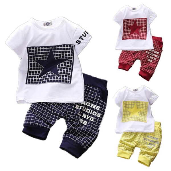 2020 Seturi de îmbrăcăminte pentru unisex de vară 2020 Bumbac cu mânecă scurtă ținute pentru copii Bebeluși Tricou cu stea + pantaloni carouri îmbrăcăminte pentru băieți