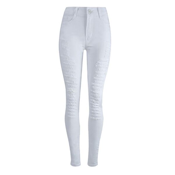 MORUANCLE Pantaloni jeans din piele scurtă pentru femei Pantaloni denim alba distruși pentru doamne Jeans cu talie înaltă cu găuri - imagine 4