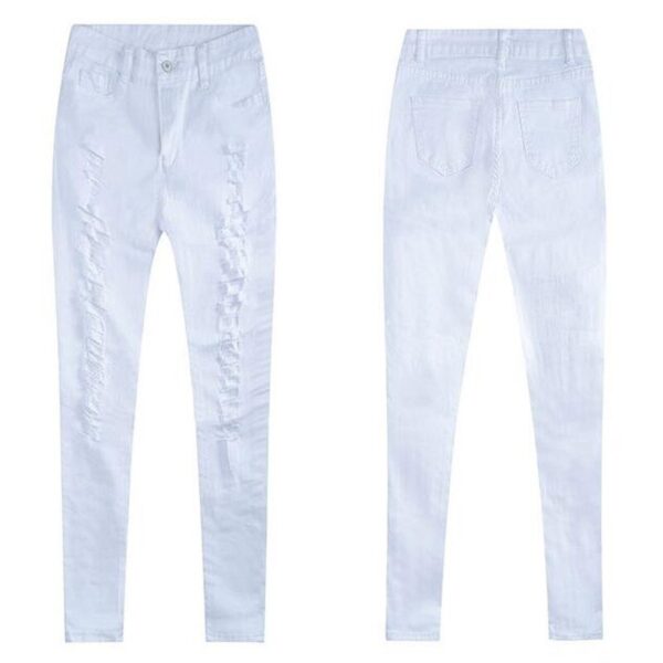 MORUANCLE Pantaloni jeans din piele scurtă pentru femei Pantaloni denim alba distruși pentru doamne Jeans cu talie înaltă cu găuri - imagine 5