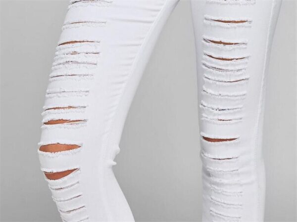 MORUANCLE Pantaloni jeans din piele scurtă pentru femei Pantaloni denim alba distruși pentru doamne Jeans cu talie înaltă cu găuri - imagine 6