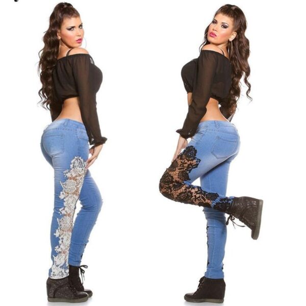 Femeie nouă sosire dantelă florală cu talie joasă talie subțire, jeans jeans din denim subțire, casual, pantaloni de creion pentru femei, haine de stradă - imagine 3