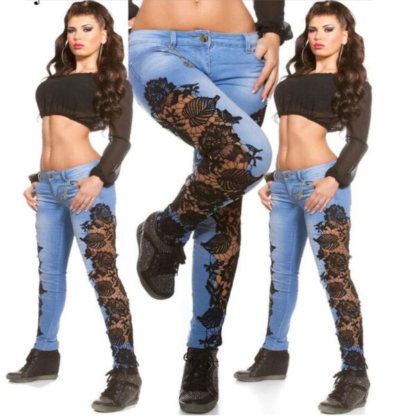 Femeie nouă sosire dantelă florală cu talie joasă talie subțire, jeans jeans din denim subțire, casual, pantaloni de creion pentru femei, haine de stradă - imagine 5