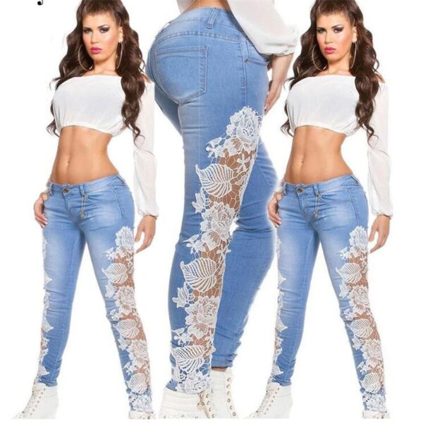 Femeie nouă sosire dantelă florală cu talie joasă talie subțire, jeans jeans din denim subțire, casual, pantaloni de creion pentru femei, haine de stradă - imagine 6