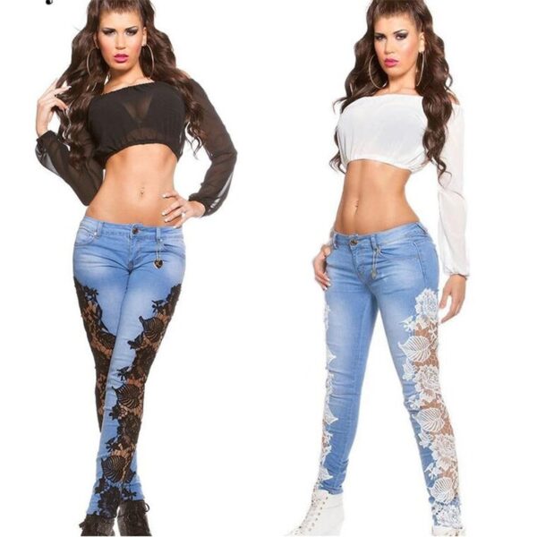 Femeie nouă sosire dantelă florală cu talie joasă talie subțire, jeans jeans din denim subțire, casual, pantaloni de creion pentru femei, haine de stradă
